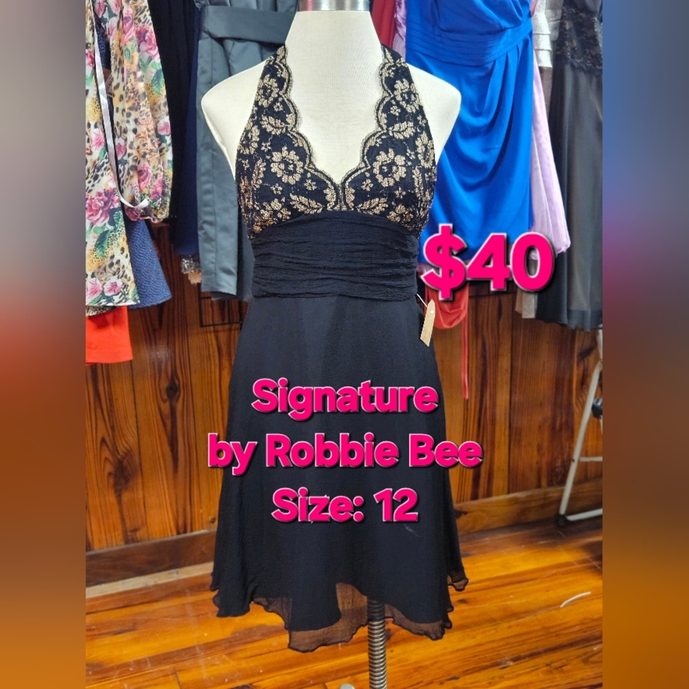 Signature by Robbie Bee Black and Gold Halter Dress